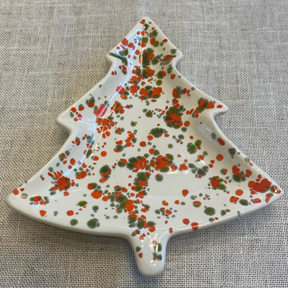 Vintage small ceramic glaze Christmas tree candy cookie dish.